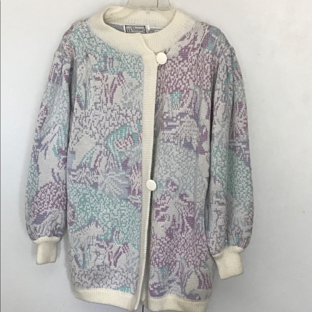 J.J. BROWNE VINTAGE 1980’s PASTEL ABSTRACT BUTTON UP CARDIGAN SWEATER